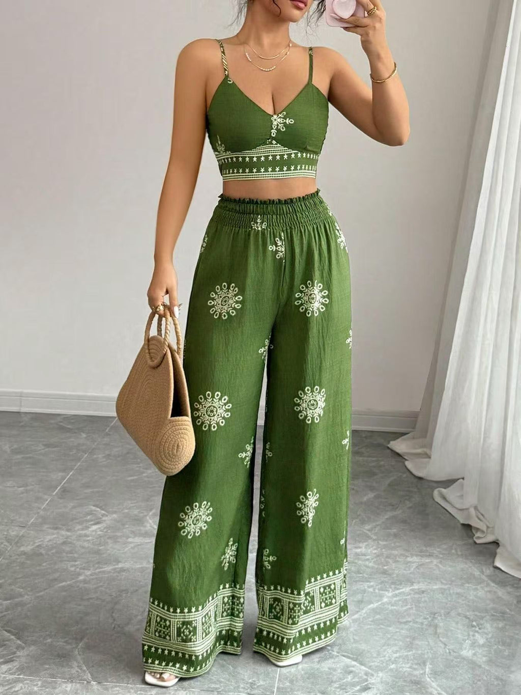 Urban Lady Boho Printed Cami Top & Wide Leg Pants 2 Piece Set, Vacation Casual Outfit