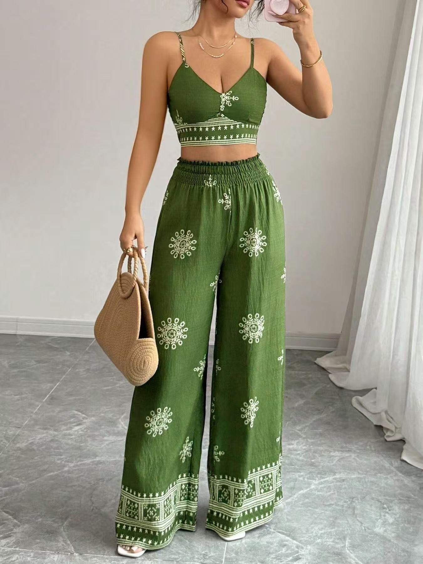 Urban Lady Boho Printed Cami Top & Wide Leg Pants 2 Piece Set, Vacation Casual Outfit