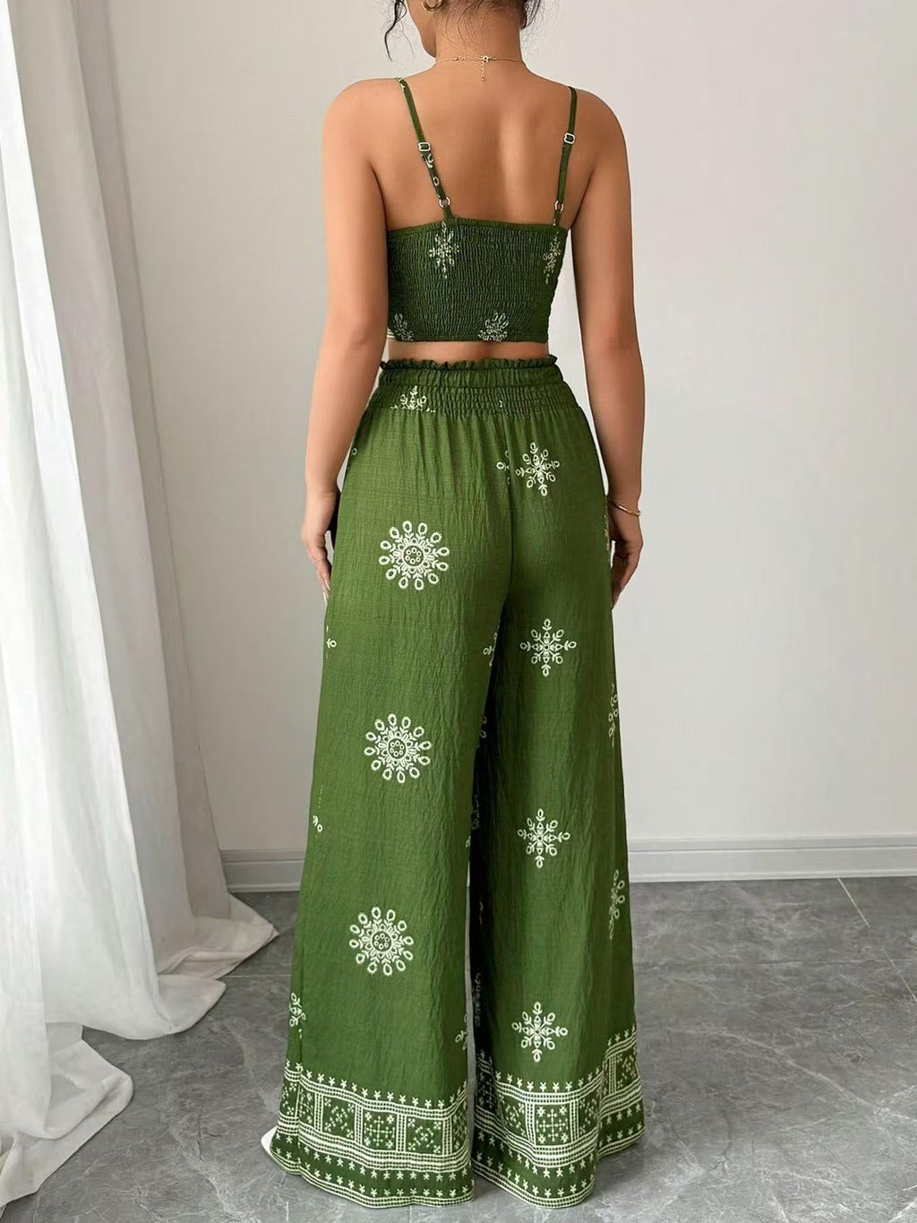 Urban Lady Boho Printed Cami Top & Wide Leg Pants 2 Piece Set, Vacation Casual Outfit