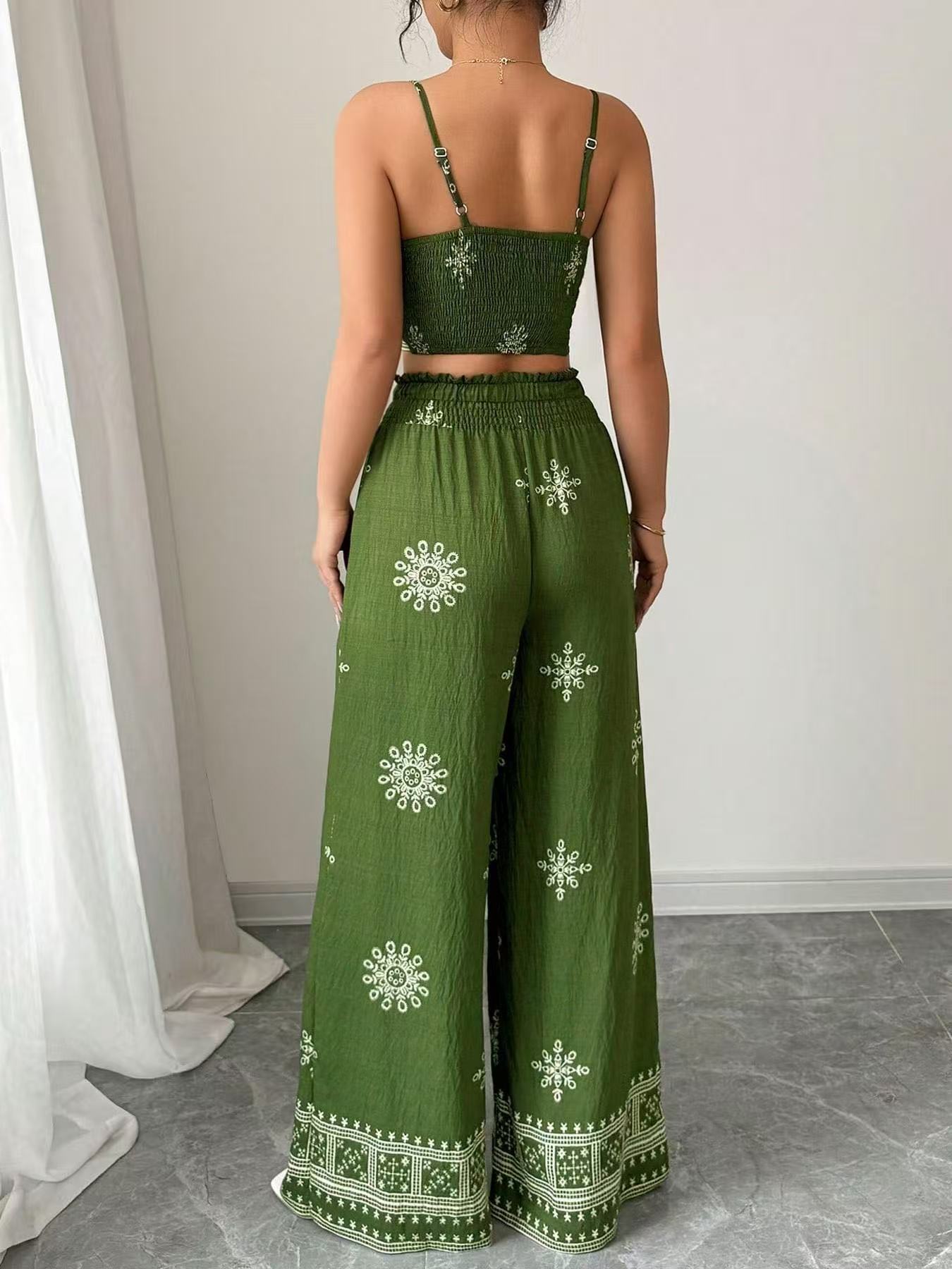 Urban Lady Boho Printed Cami Top & Wide Leg Pants 2 Piece Set, Vacation Casual Outfit