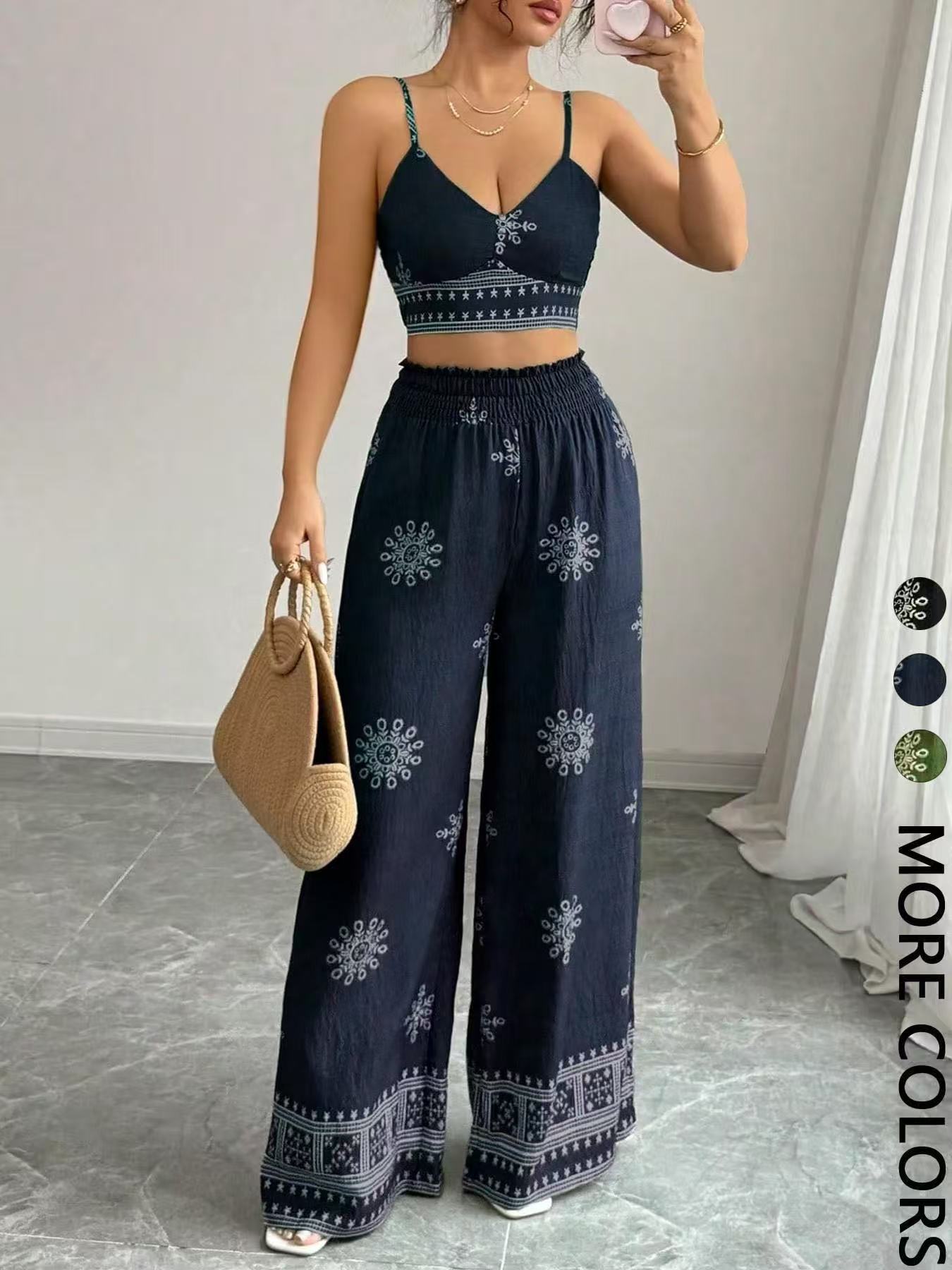 Urban Lady Boho Printed Cami Top & Wide Leg Pants 2 Piece Set, Vacation Casual Outfit