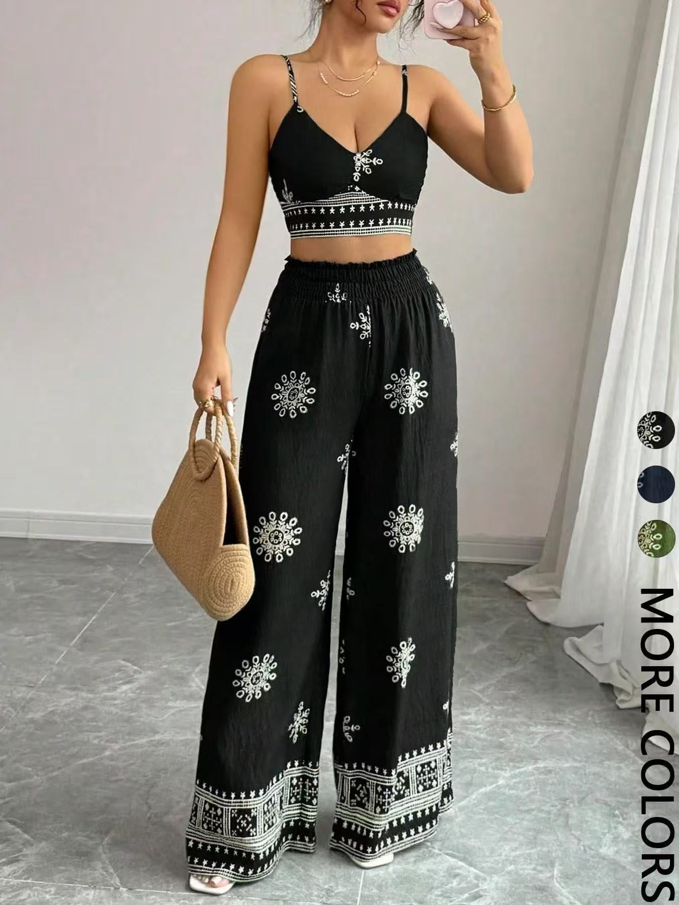 Urban Lady Boho Printed Cami Top & Wide Leg Pants 2 Piece Set, Vacation Casual Outfit