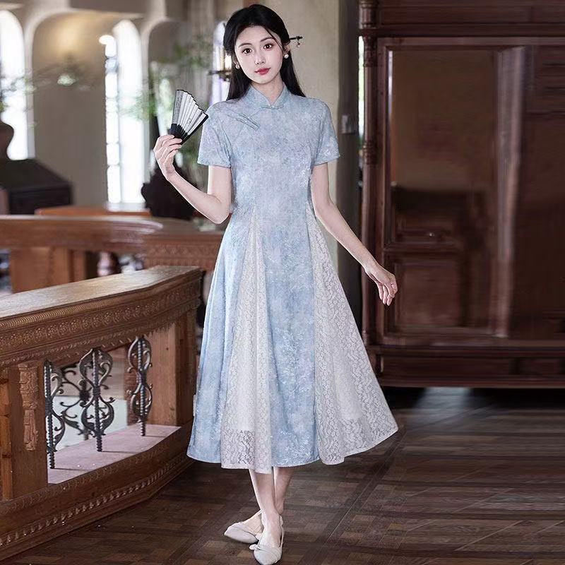 Blue Republican‑era Style Neo‑Chinese Modified Áo Dài Suzhou Cheongsam, Youth‑Oriented 2026 New Women’s High‑End Dress