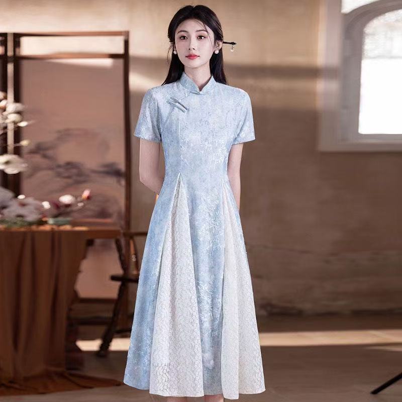 Blue Republican‑era Style Neo‑Chinese Modified Áo Dài Suzhou Cheongsam, Youth‑Oriented 2026 New Women’s High‑End Dress