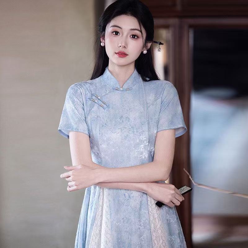 Blue Republican‑era Style Neo‑Chinese Modified Áo Dài Suzhou Cheongsam, Youth‑Oriented 2026 New Women’s High‑End Dress