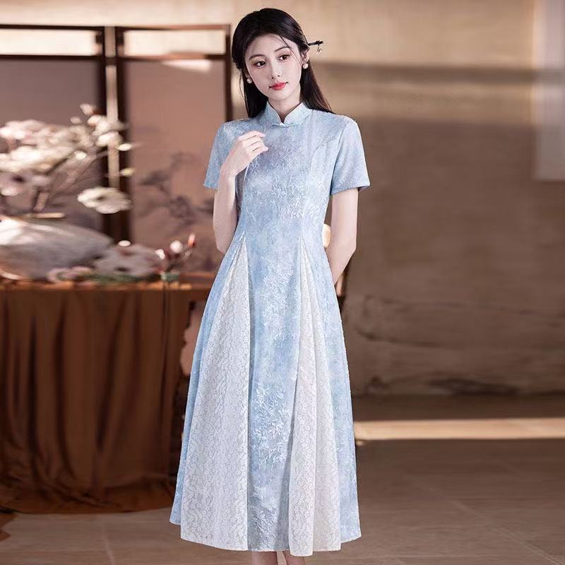 Blue Republican‑era Style Neo‑Chinese Modified Áo Dài Suzhou Cheongsam, Youth‑Oriented 2026 New Women’s High‑End Dress