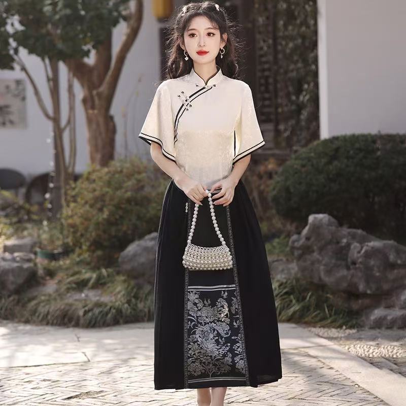 Republic of China Style New Chinese Suzhou Cheongsam, Modified Youth-style Elegant Top & Dress Set, Summer Women Wear