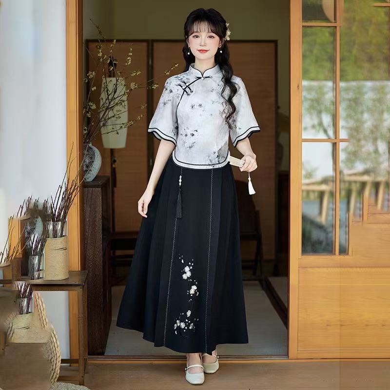 Republic of China Style New Chinese Suzhou Cheongsam, Modified Youth-style Elegant Top & Dress Set, Summer Women Wear