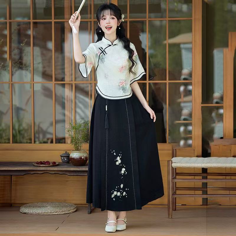 Republic of China Style New Chinese Suzhou Cheongsam, Modified Youth-style Elegant Top & Dress Set, Summer Women Wear