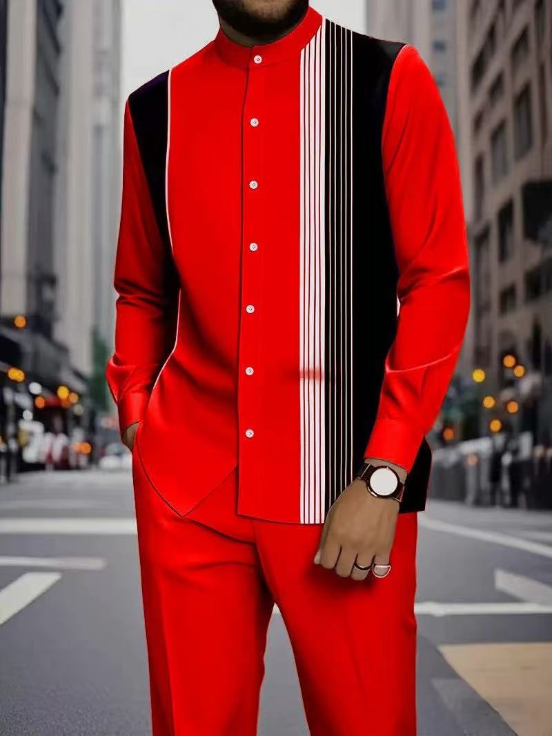Men's Long Sleeve Shirt & Bottoms Set, Chinese Ethnic Style Stand Collar with Striped Print, Fashion Casual Wear