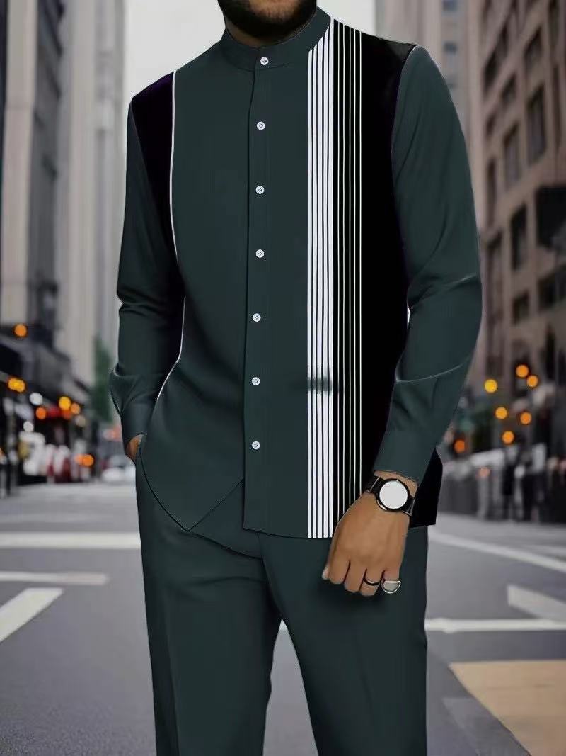Men's Long Sleeve Shirt & Bottoms Set, Chinese Ethnic Style Stand Collar with Striped Print, Fashion Casual Wear