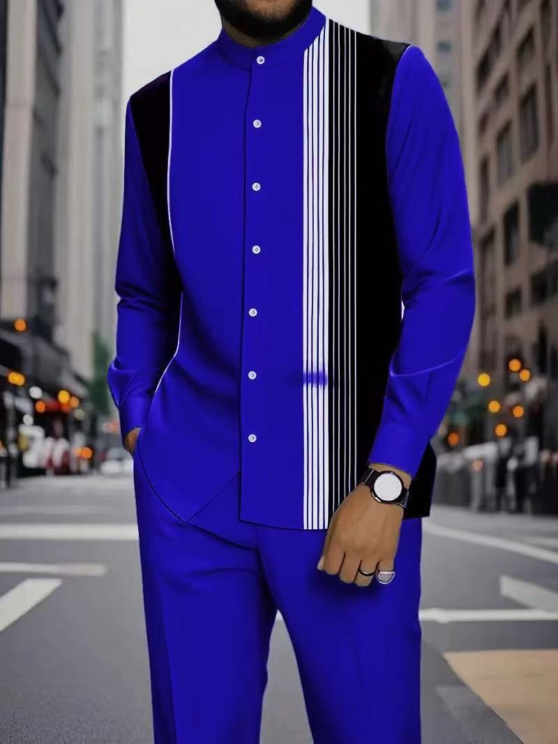 Men's Long Sleeve Shirt & Bottoms Set, Chinese Ethnic Style Stand Collar with Striped Print, Fashion Casual Wear