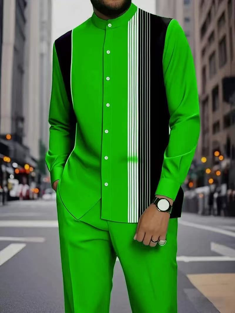 Men's Long Sleeve Shirt & Bottoms Set, Chinese Ethnic Style Stand Collar with Striped Print, Fashion Casual Wear