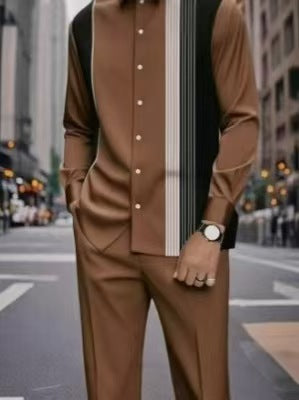 Men's Long Sleeve Shirt & Bottoms Set, Chinese Ethnic Style Stand Collar with Striped Print, Fashion Casual Wear