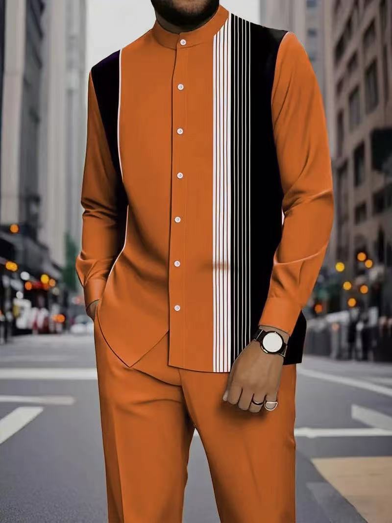 Men's Long Sleeve Shirt & Bottoms Set, Chinese Ethnic Style Stand Collar with Striped Print, Fashion Casual Wear