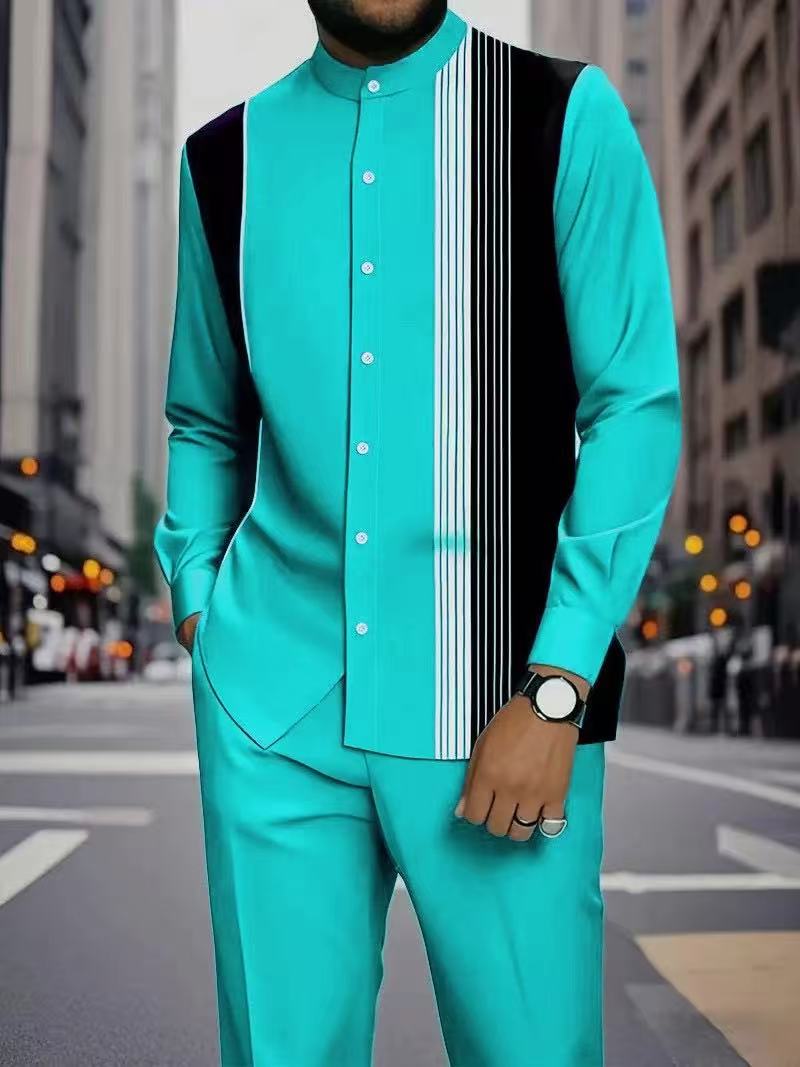 Men's Long Sleeve Shirt & Bottoms Set, Chinese Ethnic Style Stand Collar with Striped Print, Fashion Casual Wear