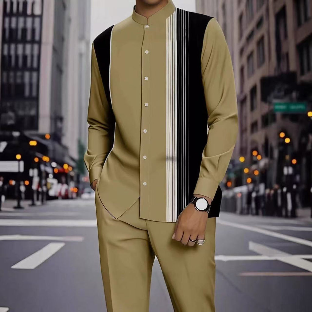 Men's Long Sleeve Shirt & Bottoms Set, Chinese Ethnic Style Stand Collar with Striped Print, Fashion Casual Wear