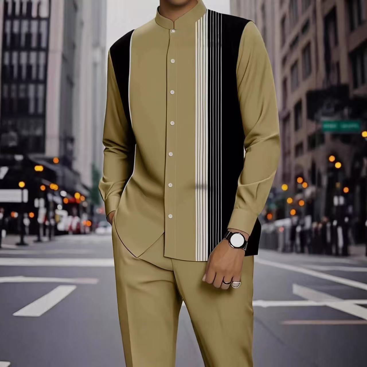 Men's Long Sleeve Shirt & Bottoms Set, Chinese Ethnic Style Stand Collar with Striped Print, Fashion Casual Wear