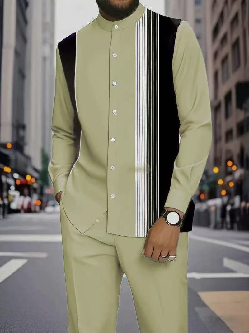 Men's Long Sleeve Shirt & Bottoms Set, Chinese Ethnic Style Stand Collar with Striped Print, Fashion Casual Wear