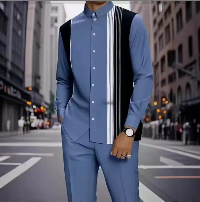 Men's Long Sleeve Shirt & Bottoms Set, Chinese Ethnic Style Stand Collar with Striped Print, Fashion Casual Wear