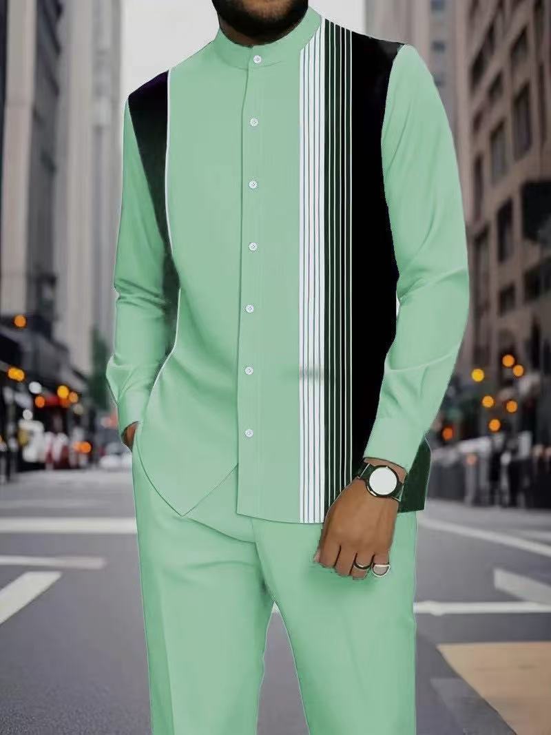 Men's Long Sleeve Shirt & Bottoms Set, Chinese Ethnic Style Stand Collar with Striped Print, Fashion Casual Wear