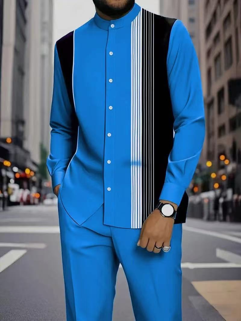 Men's Long Sleeve Shirt & Bottoms Set, Chinese Ethnic Style Stand Collar with Striped Print, Fashion Casual Wear