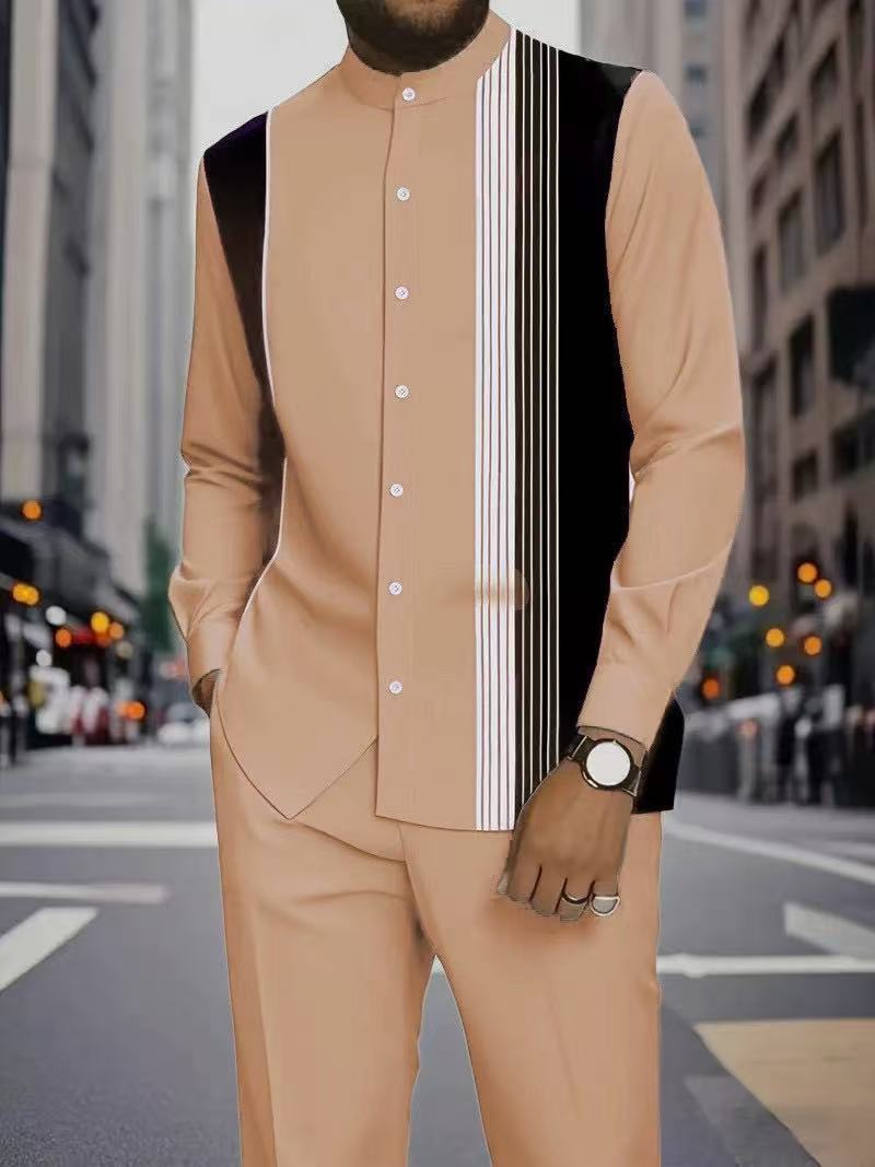 Men's Long Sleeve Shirt & Bottoms Set, Chinese Ethnic Style Stand Collar with Striped Print, Fashion Casual Wear