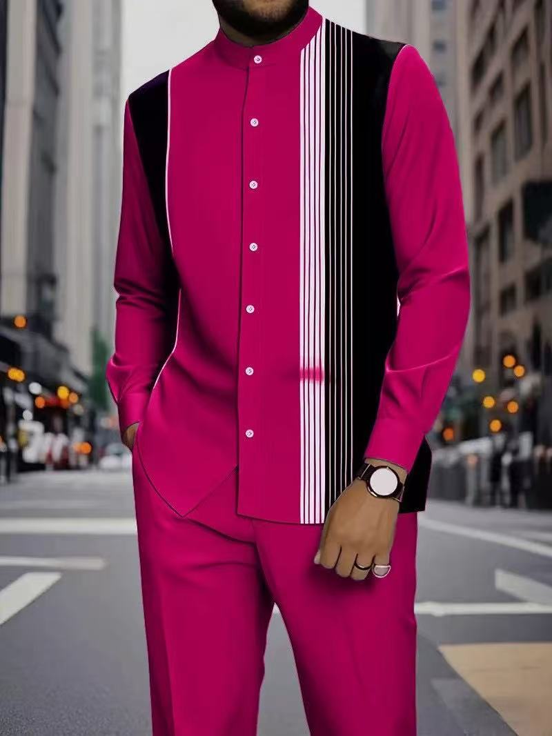 Men's Long Sleeve Shirt & Bottoms Set, Chinese Ethnic Style Stand Collar with Striped Print, Fashion Casual Wear