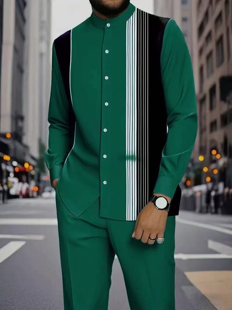 Men's Long Sleeve Shirt & Bottoms Set, Chinese Ethnic Style Stand Collar with Striped Print, Fashion Casual Wear