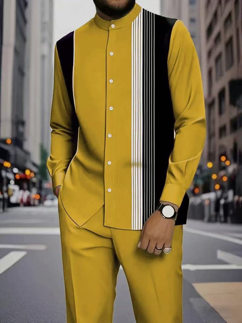 Men's Long Sleeve Shirt & Bottoms Set, Chinese Ethnic Style Stand Collar with Striped Print, Fashion Casual Wear