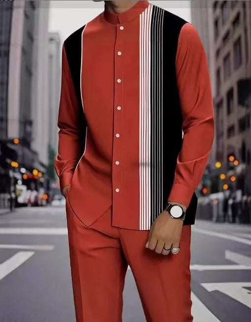 Men's Long Sleeve Shirt & Bottoms Set, Chinese Ethnic Style Stand Collar with Striped Print, Fashion Casual Wear