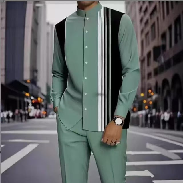 Men's Long Sleeve Shirt & Bottoms Set, Chinese Ethnic Style Stand Collar with Striped Print, Fashion Casual Wear