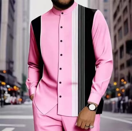 Men's Long Sleeve Shirt & Bottoms Set, Chinese Ethnic Style Stand Collar with Striped Print, Fashion Casual Wear