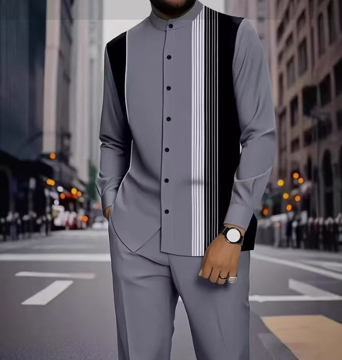 Men's Long Sleeve Shirt & Bottoms Set, Chinese Ethnic Style Stand Collar with Striped Print, Fashion Casual Wear