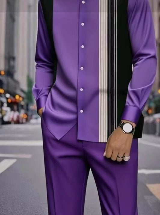 Men's Long Sleeve Shirt & Bottoms Set, Chinese Ethnic Style Stand Collar with Striped Print, Fashion Casual Wear